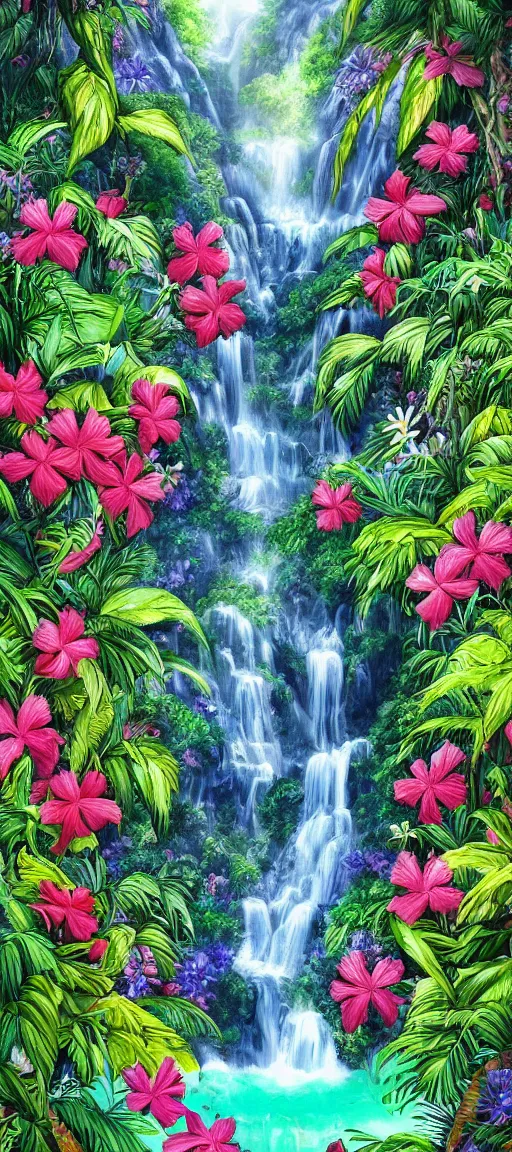 Image similar to cascading concept art of an exotic garden with waterfall and flowers and palm trees, hibiscus, detailed, highly detailed, aesthetic, realistic, hyper realism, colorful, in depth, intricate,