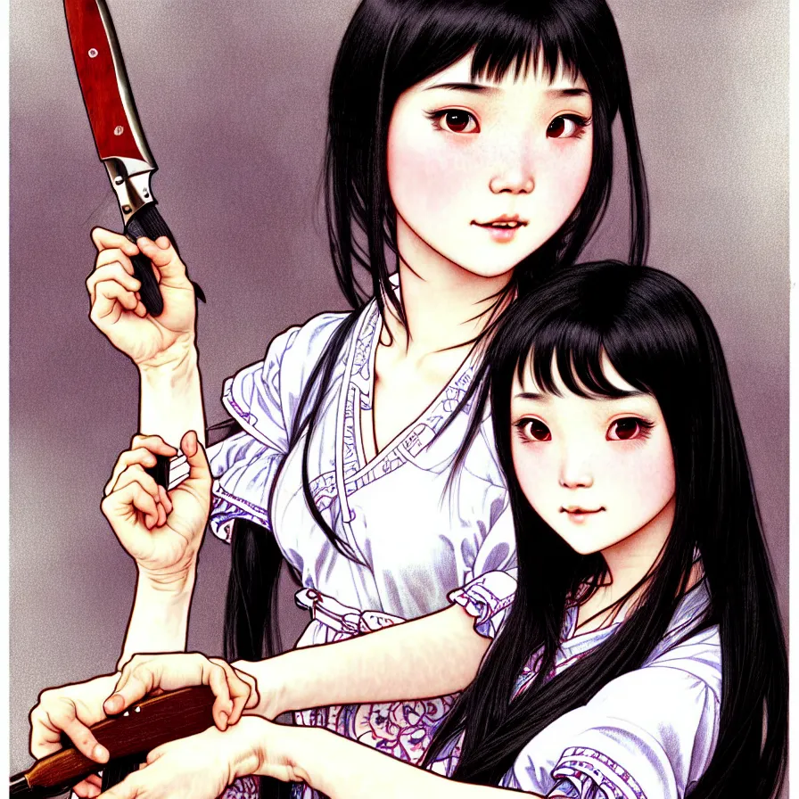 Prompt: closeup portrait of an innocent 18 year old lady from Vietnam wearing a pretty little dress with straight silky black hair, in a butcher shop, holding a butcher knife. insanely and epically detailed high-quality artwork with soft colors, exquisitely detailed soft shadowing, amazingly composed image, epic pencil illustration, by Range Murata and by Alphonse Mucha and by Katsuhiro Otomo.