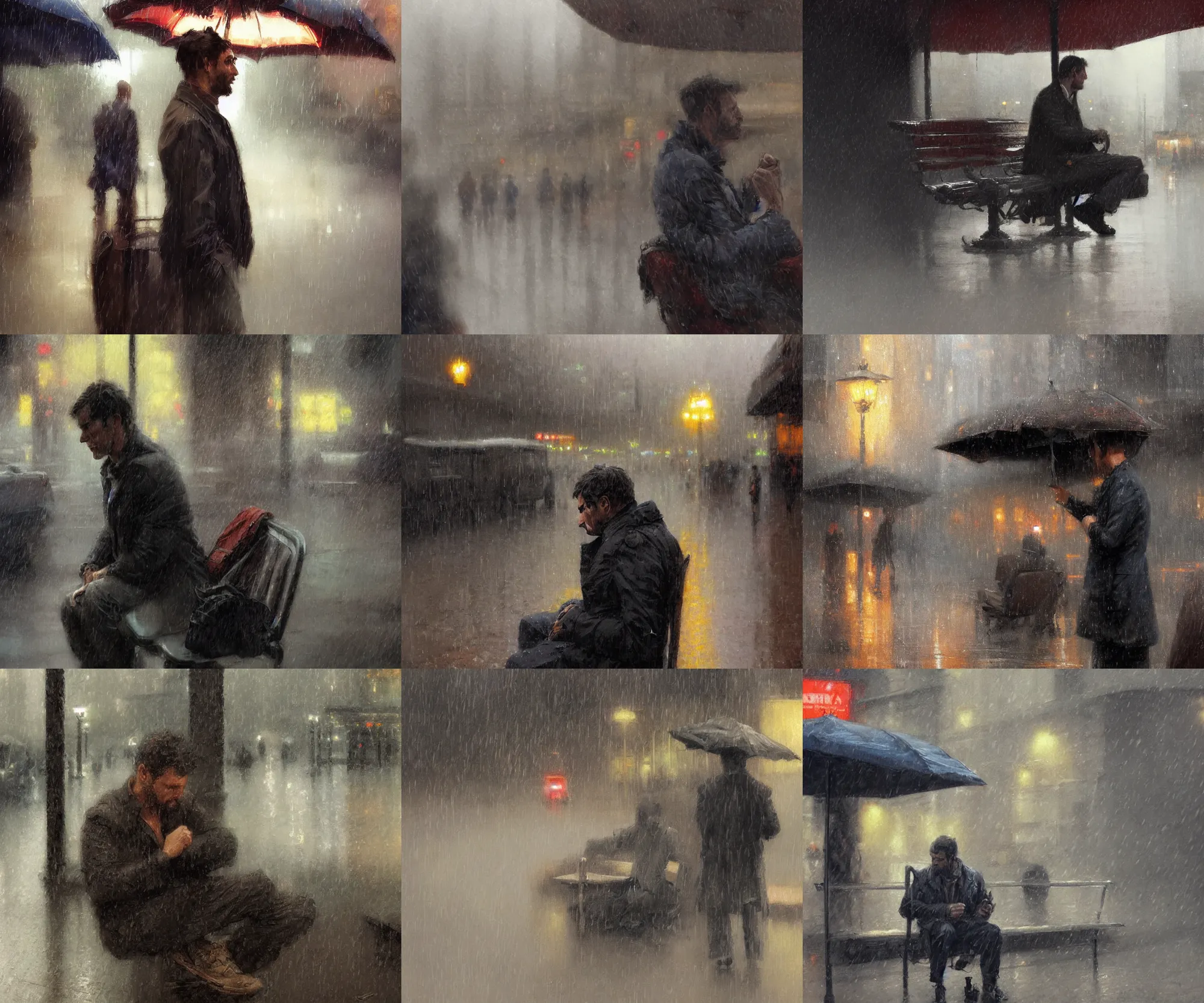 Prompt: digital art painting of a man sitting on the bus station during a rainy day painted by craig mullins and gaston bussiere and greg rutkowski, dramatic lighting, symmetrical facial features, symmetrical face, defined facial features, close up