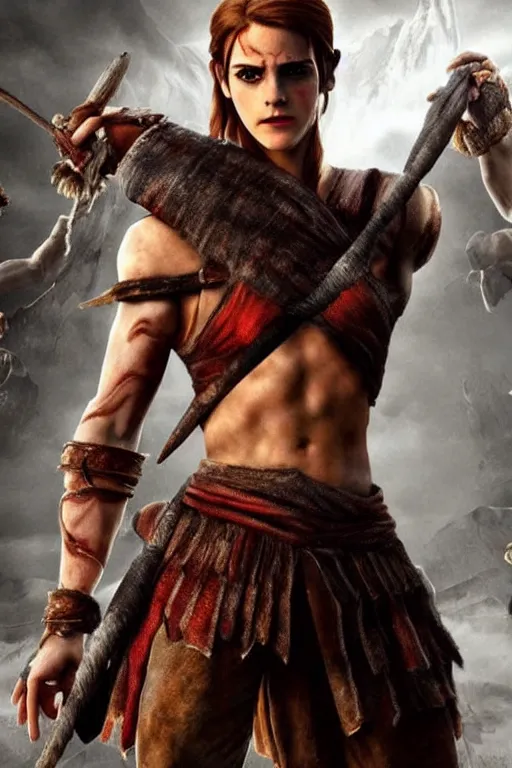 Image similar to Emma Watson as Kratos, brutal, detailed realistic, photorealistic, full body