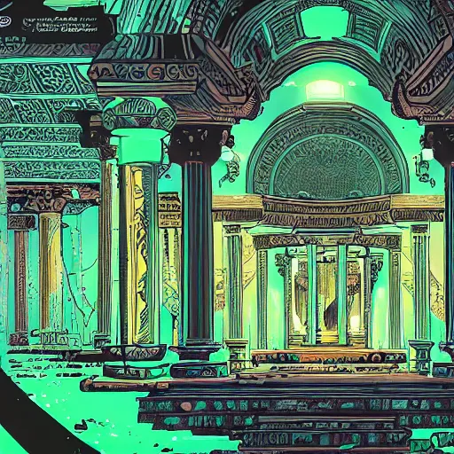 Prompt: Interior of Greek Temple covered in green lychen in the graphic style of Patrick Gleason and Marvel Comics, hyper detailed, trending on artstation, glow, volumetric, intricate, symmetric, Beautiful comic art