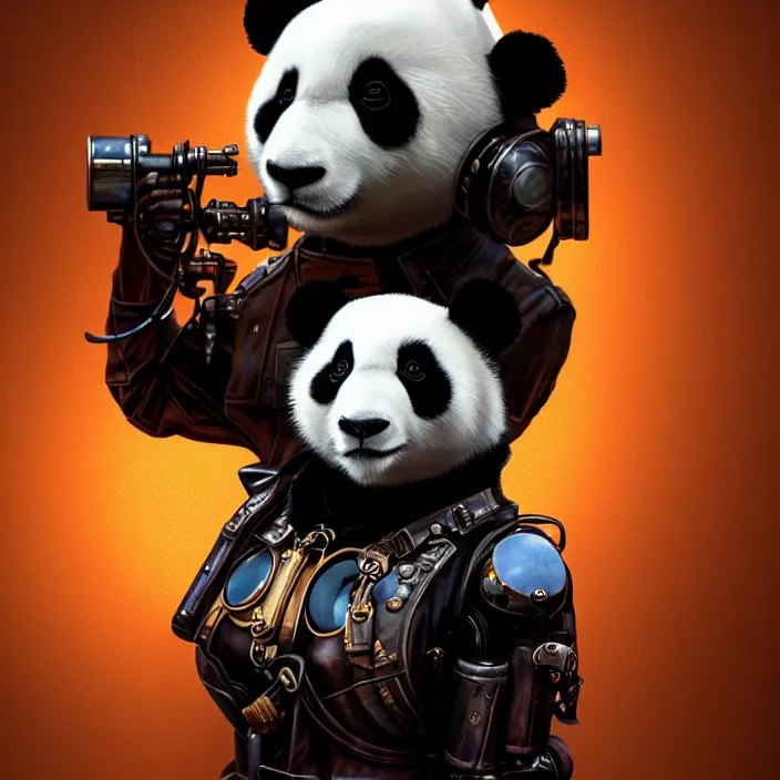 Image similar to dieselpunk android panda, vaporwave, naturel, glossy reflections, hyper detailed, digital art, trending in artstation, cinematic lighting, studio quality, smooth render, unreal engine 5 rendered, octane rendered, art style by klimt and nixeu and ian sprigger and wlop and krenz cushart.