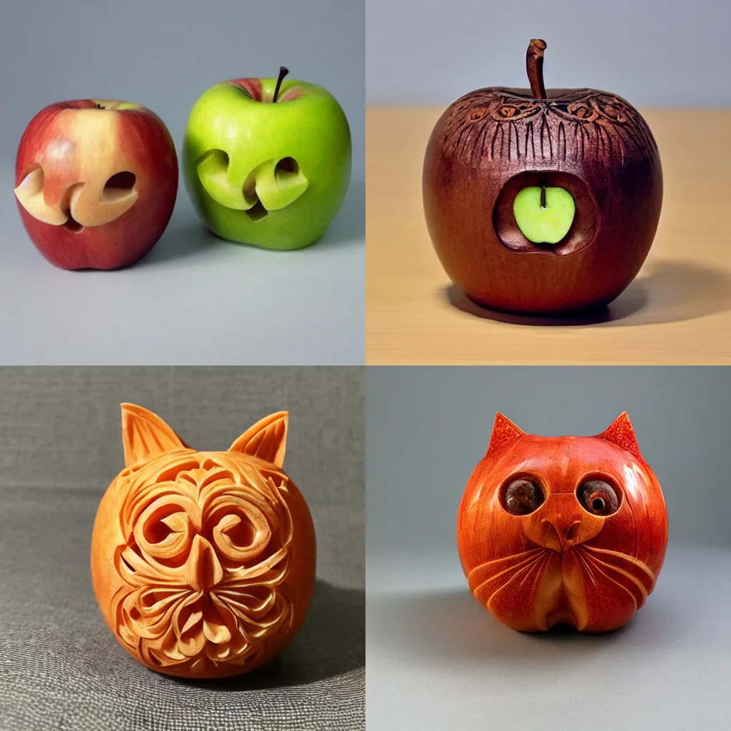 Prompt: intricately carved apple in the shape of a cat