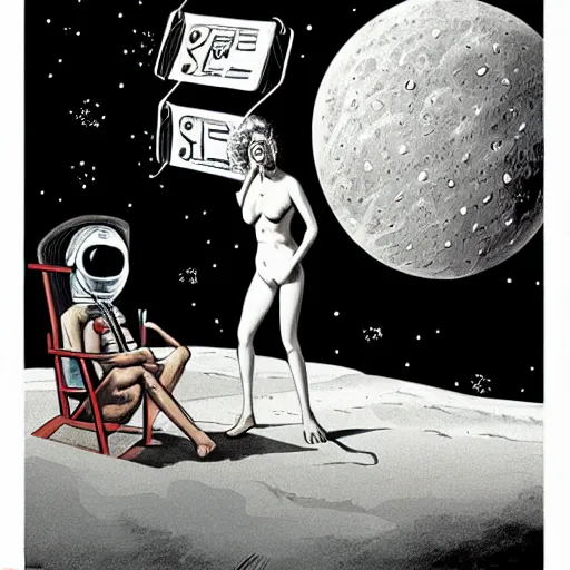 Image similar to Albert Einstein in a Bikini eating a Big Mac on the moon, high details, dali, comic, illustration