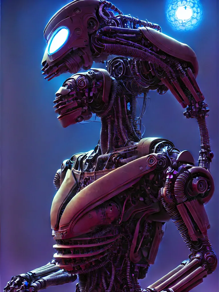 Prompt: robot torso, faded colors, exotic alien features, cyber background, tim hildebrandt, wayne barlowe, bruce pennington, donato giancola, larry elmore, masterpiece, trending on artstation, featured on pixiv, zack snyder, cinematic composition, beautiful lighting, sharp, details, hyper detailed, 8 k, unreal engine 5