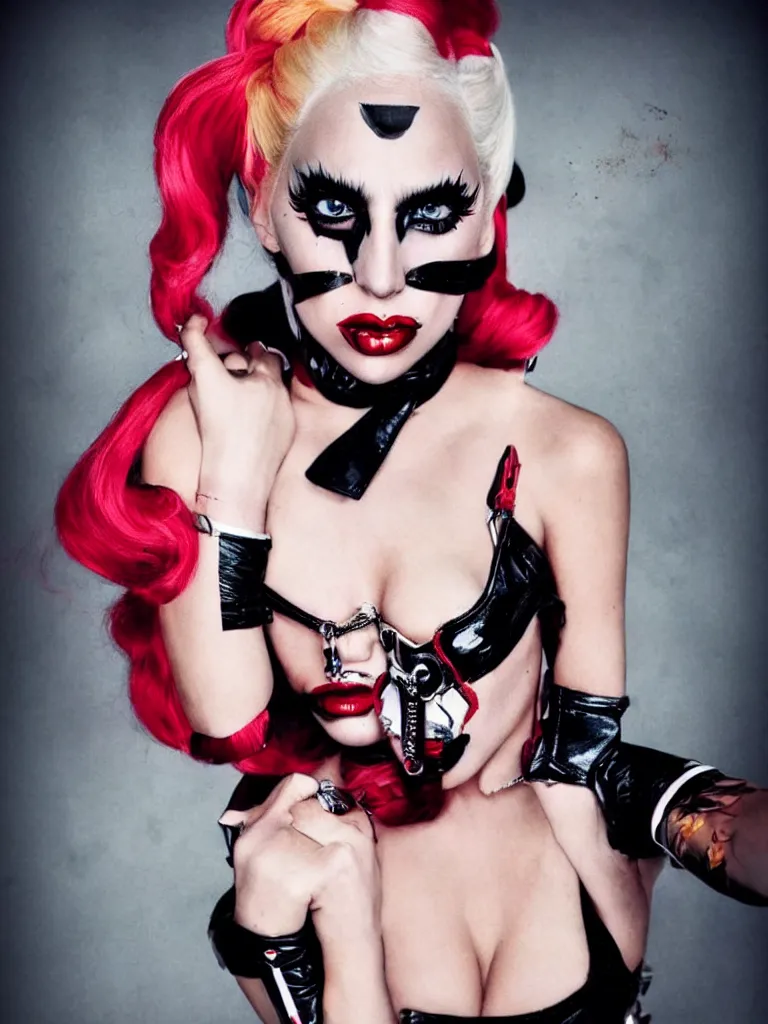 Prompt: dramatic pinup portrait of lady gaga as harley quinn, fashion photography,