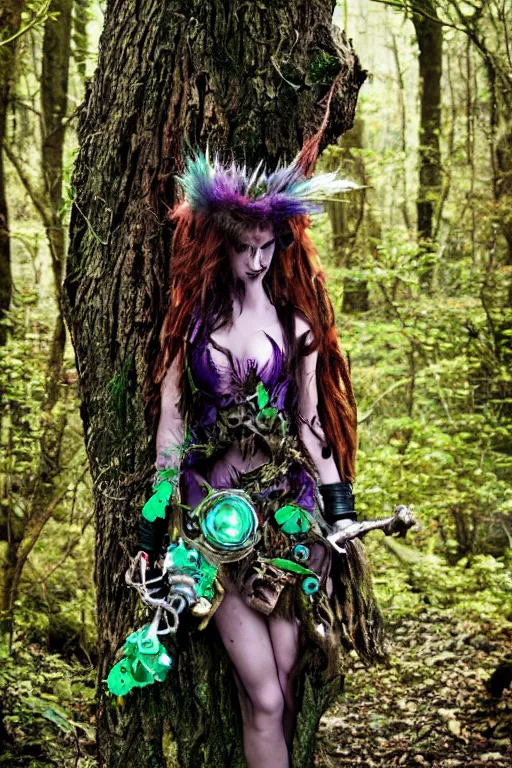 Prompt: fantasy mystical forestfolk cyberpunk dryad fashion zine photography