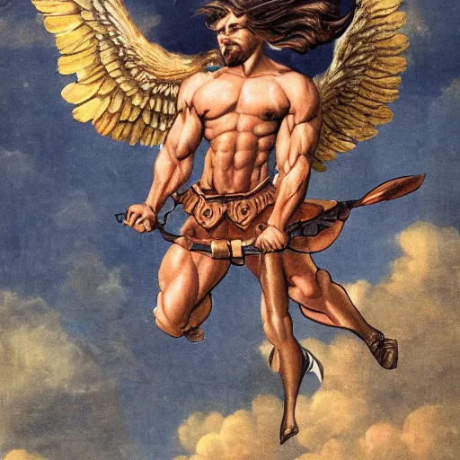 Image similar to a muscular heroic man riding a giant eagle