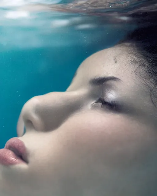 Image similar to a closeup portrait of as beautiful young woman floating under water with a very emotional look, strong single top lighting, moody feel, dramatic