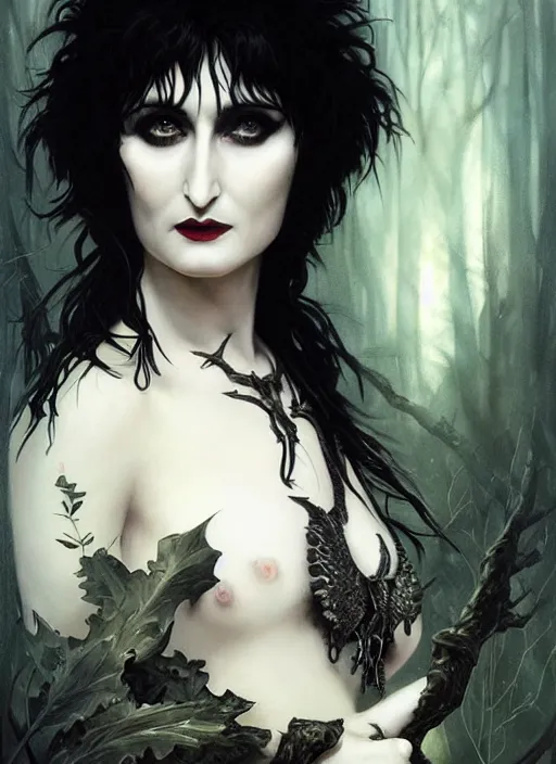 Image similar to portrait of siouxsie sioux, dark and ethereal, expressive pose, peaceful expression, dark gothic dress, fantasy, intricate, dark forest background, highly detailed, digital painting, artstation, concept art, smooth, sharp focus, illustration, art by artgerm and greg rutkowski and alphonse mucha