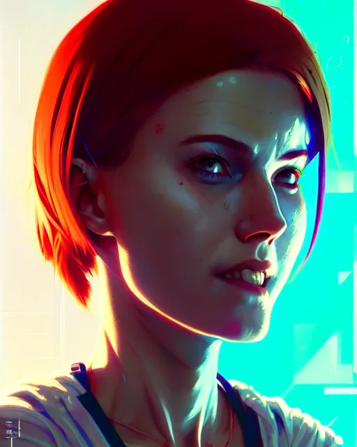 Prompt: cyberpunk synth, hyper - realistic detailed portrait of a smiling girl, red hair, by atey ghailan, by greg rutkowski, by greg tocchini, by james gilleard, by joe fenton, by kaethe butcher, 8 k, very intricate, dynamic lighting, gradient light blue, brown, blonde cream and white color scheme, sharp focus, grunge aesthetic