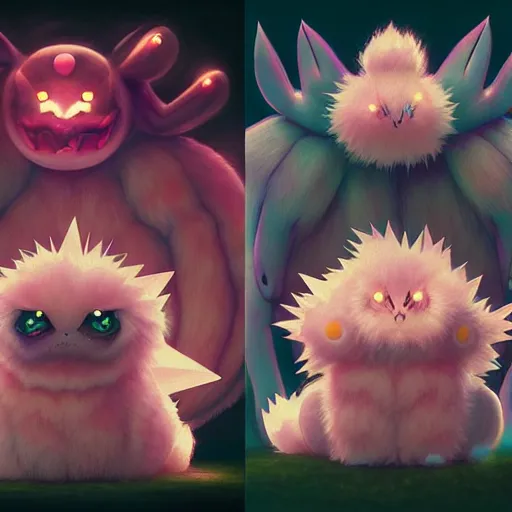 Image similar to creepy fluffy pokemon, dark background, backlit:: by Martine Johanna and Simon Stålenhag and Chie Yoshii and Casey Weldon and Guillermo del toro :: ornate, dynamic, particulate, intricate, elegant, highly detailed, centered, artstation, smooth, sharp focus, octane render, 3d