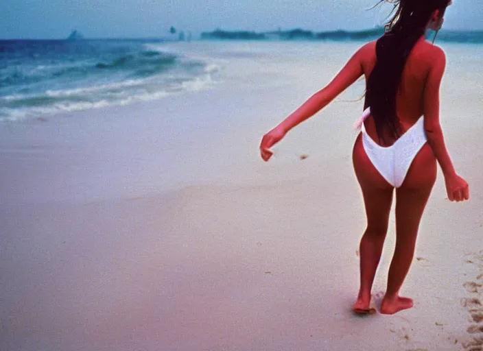 Prompt: 90's Professional Color Photography, Nikon, close up, A girl in white walking on the beach, Summer