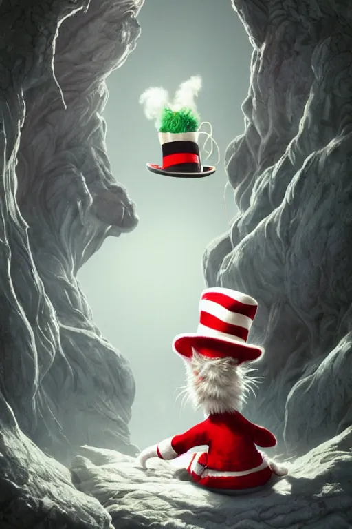 Image similar to complex 3 d render, hyper detailed, ultra sharp, of the cat in the hat, scary, cinematic, natural soft light, rim light, art by greg rutkowski and artgerm and alphone muchs, dr seuss