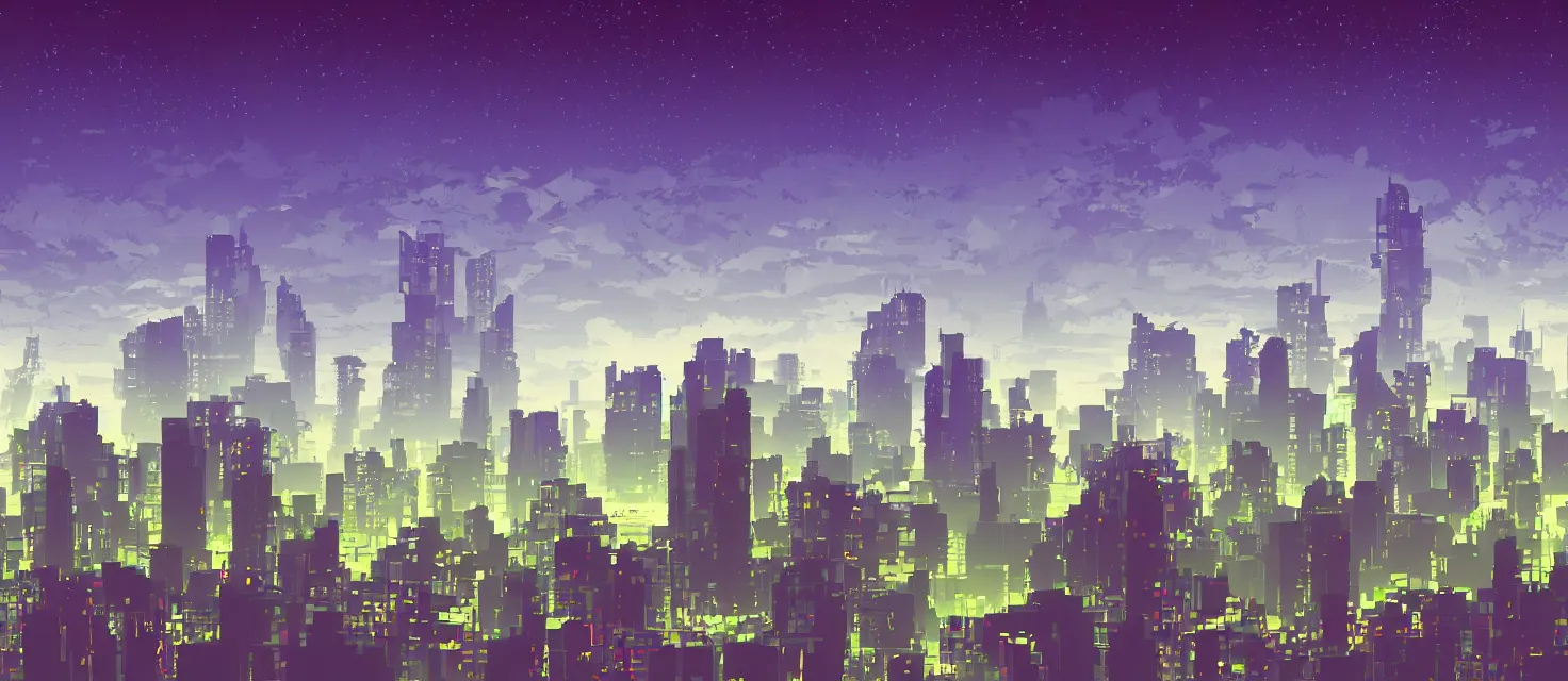 Prompt: Wide shot of a silhouette watching a sci-fi city with clouds and planets over skyscrapers, night time, 2D, 8bits graphics, SNES Contrat 3 game style, high colors compression, low saturation, very noisy, gradient, weird space, crushed quality, pixels destruction
