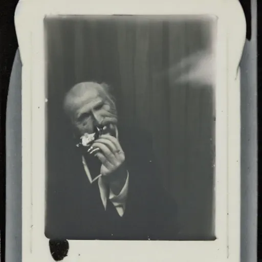 Prompt: polaroid of an old russian man holding a cigarette between 2 fingers, summer 1 9 9 6