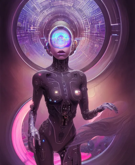 Image similar to a whirlwind of souls rushing inside the metaverse, hologram, half body, neurochip, shaved temple, piercing, jewelry, android, cyborg, cyberpunk face, by loish, d & d, fantasy, intricate, elegant, highly detailed, colorful, digital painting, artstation, concept art, art by artgerm and greg rutkowski and alphonse mucha