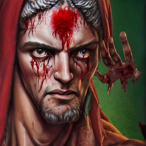 Image similar to 4K headshot portrait of godlike Ripper of Nazareth with defined arms and open hands and bloody clothes with giant mandala wings , intricate face , flawless anime cel animation by Kentaro Miura, psychedelic , highly detailed upper body , professionally post-processed , beautiful, scary, symmetry accurate features, epic, octane rendered, anime masterpiece, accurate by Craig Mullins, ilya kuvshinov, krenz cushart, epic , artgerm trending on artstation by Edward Hopper and Dan Mumford and WLOP and Rutkovsky, beksinski carl spitzweg moebius and tuomas kocar, intricate artwork by caravaggio, Unreal Engine 5, Lumen, Nanite
