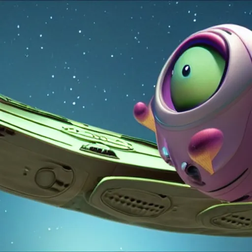 Image similar to an intergalactic spaceship that carries alieneggs, 3 d cartoon, still from the pixar movie