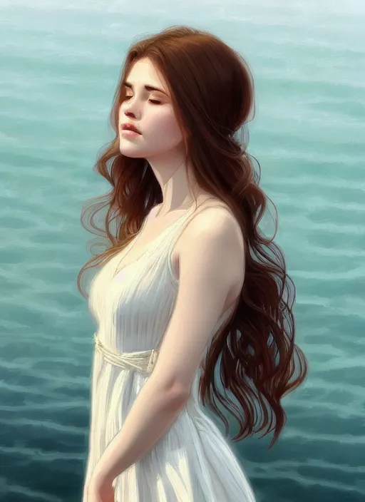 Prompt: long shot, woman posing, short wavy hair, round face, intricate white dress, lakeside, cottagecore!!, intricate, enlightened, highly detailed, digital painting, artstation, concept art, smooth, sharp focus, illustration, inspired by artgerm, by marat safin, and alphonse mucha