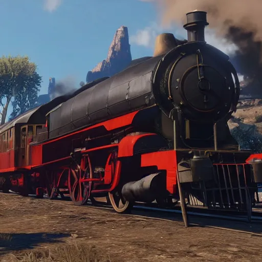 Image similar to futuristic sleek steam locomotive in red dead redemption 2