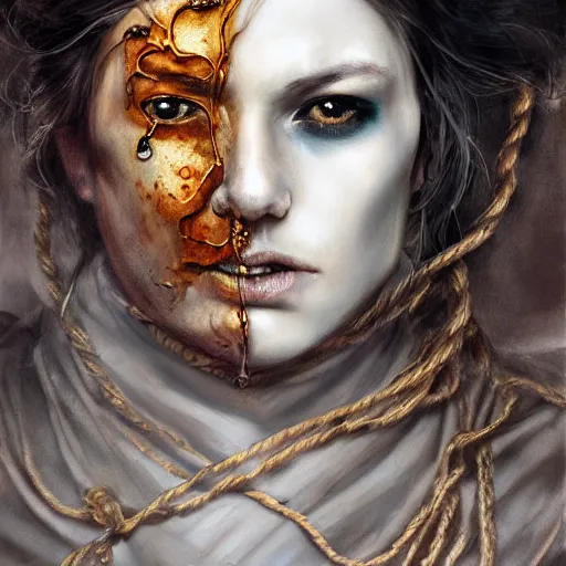 Image similar to portrait of a Shibari rope wrapped face and neck, headshot, insanely nice professional hair style, dramatic hair color, digital painting, of a old 17th century, old cyborg merchant, amber jewels, baroque, ornate clothing, scifi, realistic, hyperdetailed, chiaroscuro, concept art, art by Franz Hals and Jon Foster and Ayami Kojima and Amano and Karol Bak,