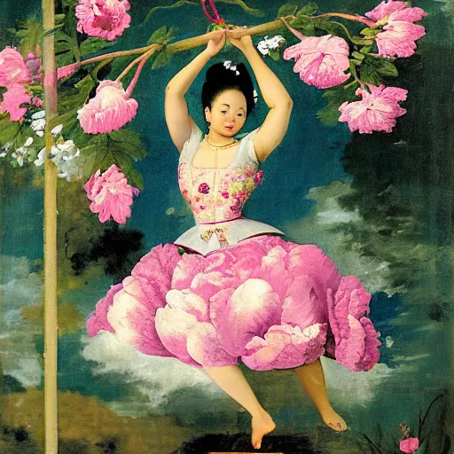 Image similar to A women in a peony dress swings on a flower swing in Bali style by velasquez