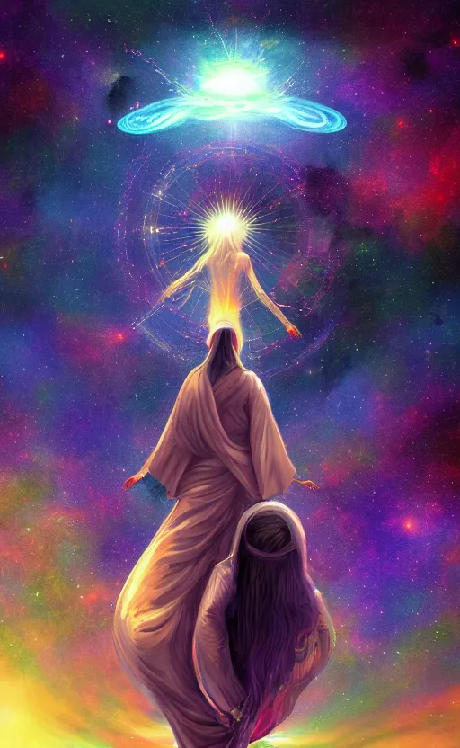 Image similar to Meeting God in the universe, digital art, trending on art station