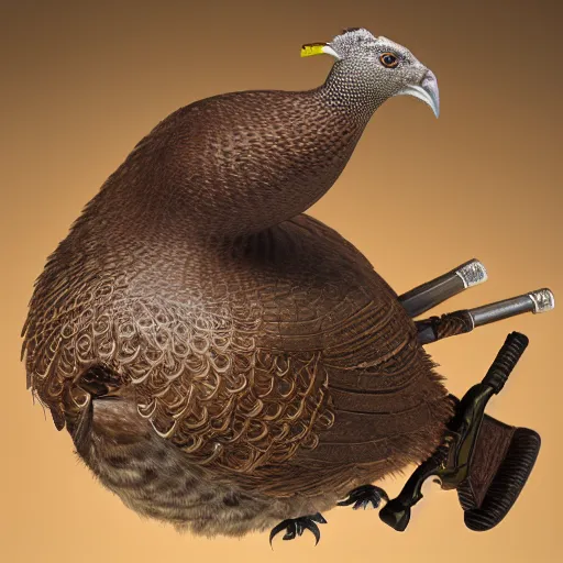 Image similar to a 3 d model of a grouse holding a blunderbuss, studio lighting, octane render, hyper detailed, product photography, 8 k, highly detailed