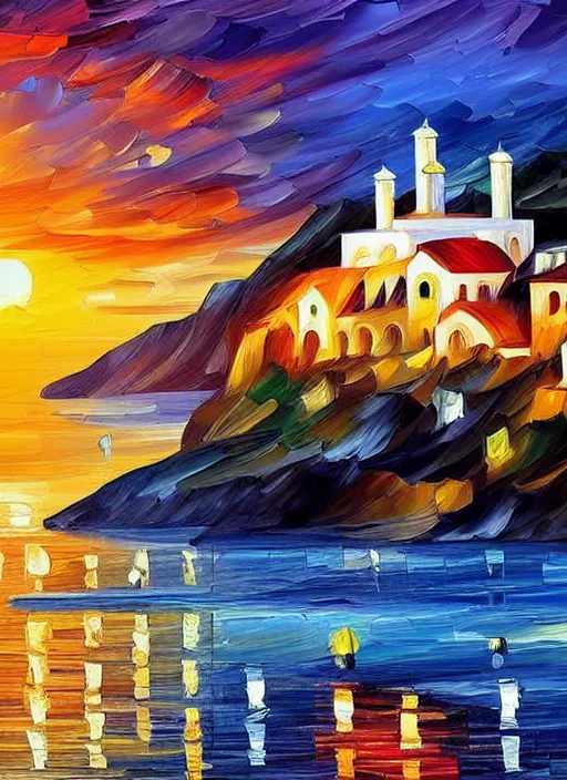 Image similar to beautiful seaside greek church and village at sunset in the style of leonid afremov