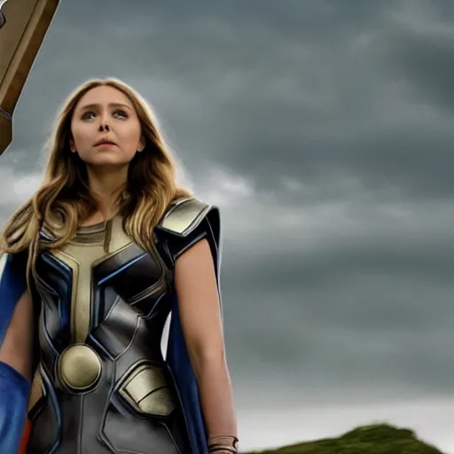 Image similar to Photorealistic art of Elizabeth Olsen as Mighty Thor, full body, action shot, high definition, cinematic, realistic