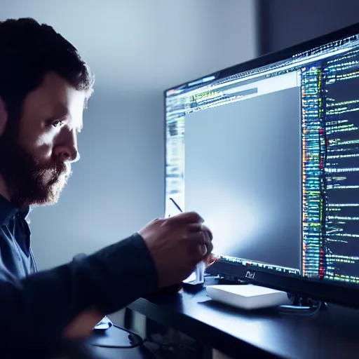 Image similar to Elite programmer expertly wrangling code late at night, intensely focused, coffee, highly detailed, sharp focus, smooth, cinematic lighting, realistic digital art, trending on artstation