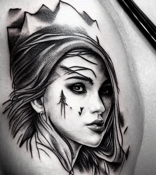 Image similar to creative blend effect of beautiful mountain scenery with a beautiful woman face, tattoo design sketch, hyper - realistic, in the style of matteo pasqualin, amazing detail, black and white