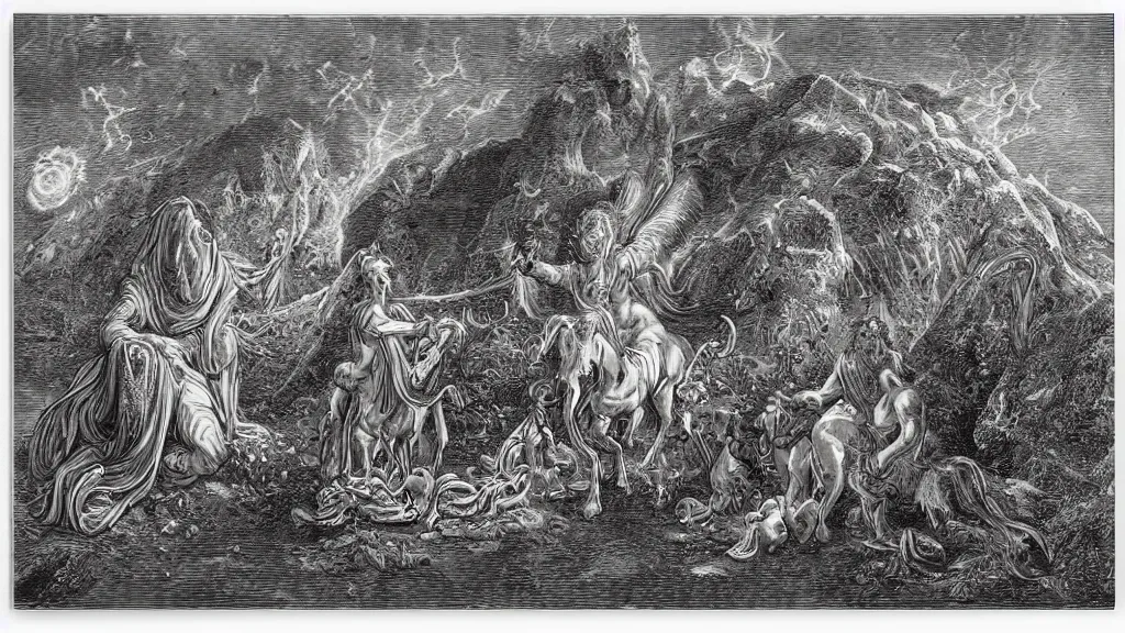 Image similar to mankinds discovery of alchemy sacred geometry engraving with unicorn by gustave dore, colorized