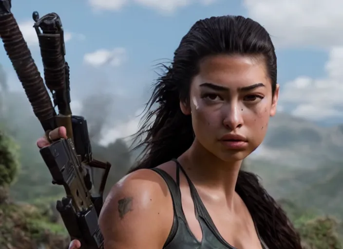 Image similar to film still of!!!! amber midthunder!!! as lara croft in new tomb raider movie, 8 k