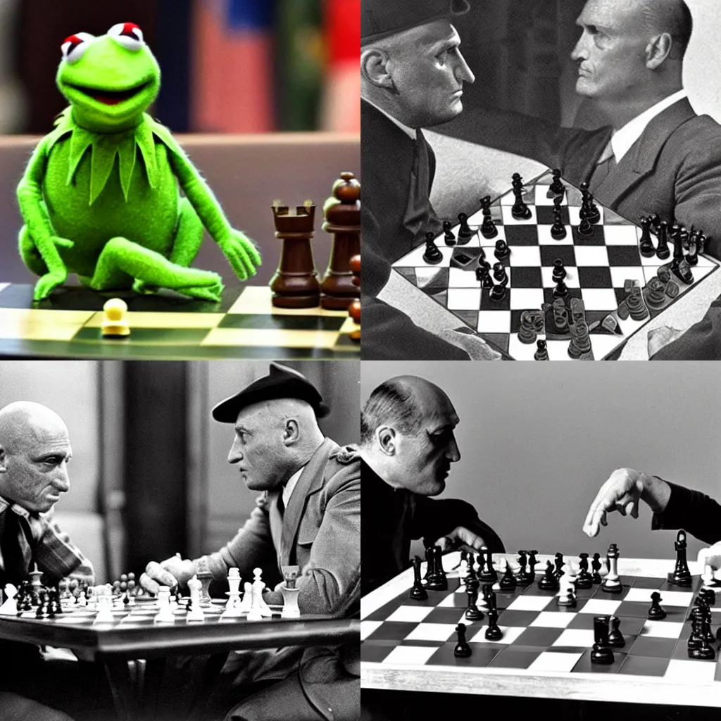 Prompt: Kermit and Mussolini playing chess together