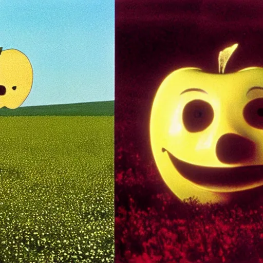 Image similar to a 1 9 7 7 beautiful woman and a 3 d rendering of a smiley apple in a meadow, color film still 1 9 7 7, tarkovsky