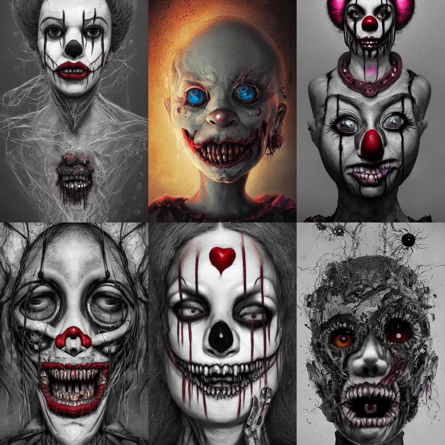 Image similar to portrait of a creepy girl clown skull. intricate abstract. intricate artwork. nightmare fuel. terrifying. by Tooth Wu, wlop, beeple, dan mumford. octane render, trending on artstation, greg rutkowski very coherent symmetrical artwork. cinematic, hyper realism, high detail, octane render, 8k, iridescent accents, black and white