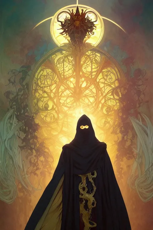 Image similar to A full body portrait of a mysterious character with no face with a very long hooded yellow cloak, a golden crown floating above his head, tentacles coming out the ground art by Artgerm and Greg Rutkowski and Alphonse Mucha and Craig Mullins and James Jean and Andrei Riabovitchev and Marc Simonetti and peter mohrbacher, sharp focus, ominous, cosmic horror, trending on artstation, Ultra detailed, hyper realistic 4k