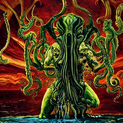 Prompt: invoking ritual of a cthulhu in a large landscape, art by david lachapelle, photography by annie leibovitz