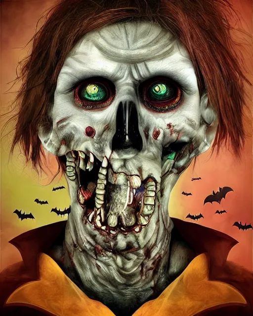 Image similar to halloween zombie pirate theme surrealist art in the styles of igor morski, jim warren, and a tim burton film, intricate, hyperrealistic, accurate facial details, profile picture with chromakey!!!!! background, volumetric lighting