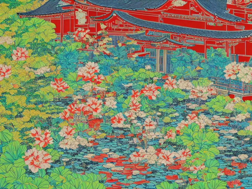 Image similar to close - up traditional japanese home with a garden, a pond in the garden, startroopers are sitting around the pond, a combination of pop - art and traditional japanese painting styles, the style of andy warhol and jackie tsai, bright palette, acrylic on canvas