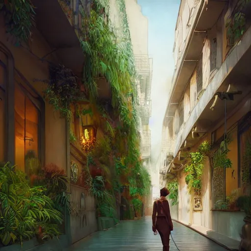 Image similar to a painting of a person walking down a bronze art-deco alley lined with plants, a detailed matte painting by Anka Zhuravleva, cgsociety, light and space, rendered in unreal engine, artstation hq, artstation hd