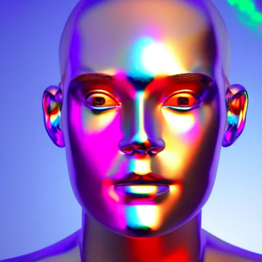 Image similar to 3d render of holographic human robotic head made of glossy iridescent, surrealistic 3d illustration of a human face non-binary, non binary model, 3d model human, cryengine, made of holographic texture, holographic material, holographic rainbow, concept of cyborg and artificial intelligence