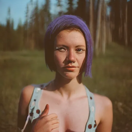 Prompt: cottagecore cyberpunk portrait photograph of a cute young woman, short hair, naturist, natural, tank top, Cinestill 800T