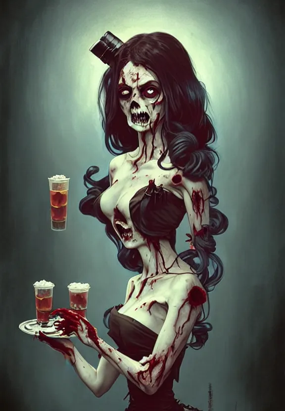 Prompt: Zombie waitress of a small 50’s style diner serving cold drinks, fantasy magic, zombie, dark pin-up style hair, dark light night, intricate, elegant, sharp focus, illustration, highly detailed, digital painting, concept art, matte, art by WLOP and Artgerm and Greg Rutkowski and Alphonse Mucha, masterpiece