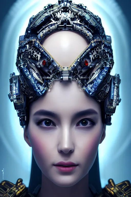 Image similar to a beautiful empress portrait, with a brilliant, impossible striking big cybernetic headpiece, cybernetic clothes, symmetrical, dramatic studio lighting, rococo, baroque, asian, hyperrealism, closeup, D&D, fantasy, intricate, elegant, highly detailed, digital painting, artstation, octane render, 8k, concept art, matte, sharp focus, illustration, art by Artgerm and Greg Rutkowski and Alphonse Mucha