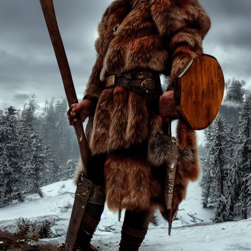 Prompt: a dnd barbarian wearing a fur coat, shoulder armor and holding an axe, high resolution film still, 4k, HDR color