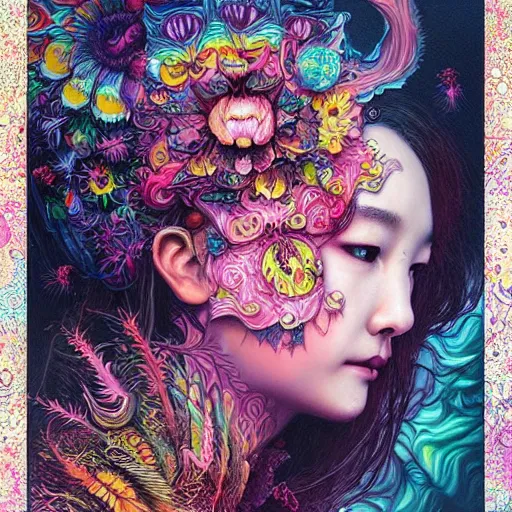 Image similar to portrait of park min young, hyper detailed masterpiece, neon floral pattern, jean giraud, digital art painting, darkwave goth aesthetic, psychedelic, artgerm, donato giancola and tom bagshaw