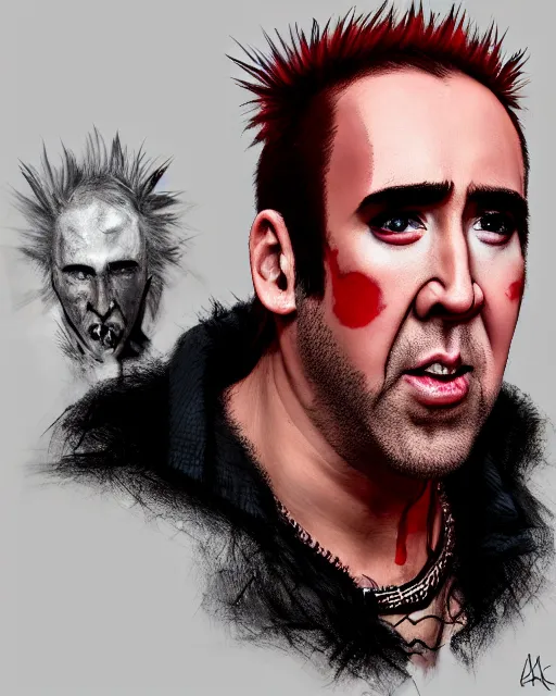 Image similar to nicolas cage with a short red dyed mohawk, red eyes, gauged ears, dressed in crustpunk clothing, headshot, attractive, handsome, in color, no makeup, model, trending on artstation, high quality art, character design, realism